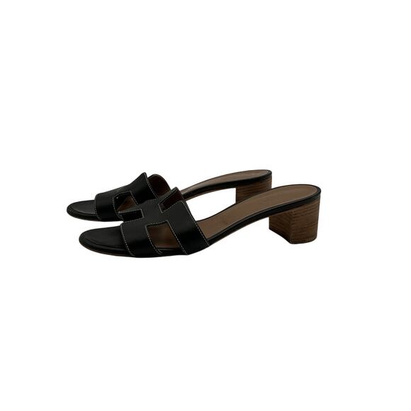 Herm�s �H Logo� Coffee & Black Leather Sandals Size 8 - Picture 2 of 8